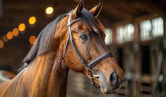 chestnut-horse-close-up-in-stable-a-chestnut-horse-stands-gracefully-in-a-stable-illuminated-by-warm-lights-showcasing-its-elegant-features-and-calm-demeanor-photo